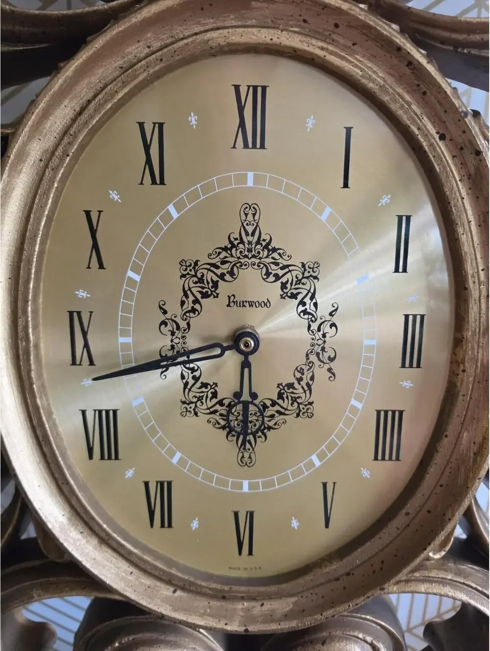 Vintage 1970 Burwood Large Gold Ornate Wall Clock Hollywood Regency 31”x20”